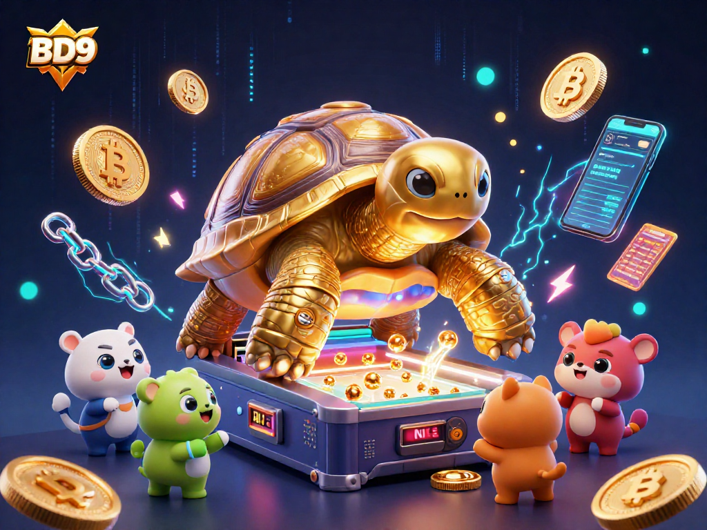 Experience thrilling gaming at BD9 with a golden tortoise and crypto themes in a vibrant casino setting.
