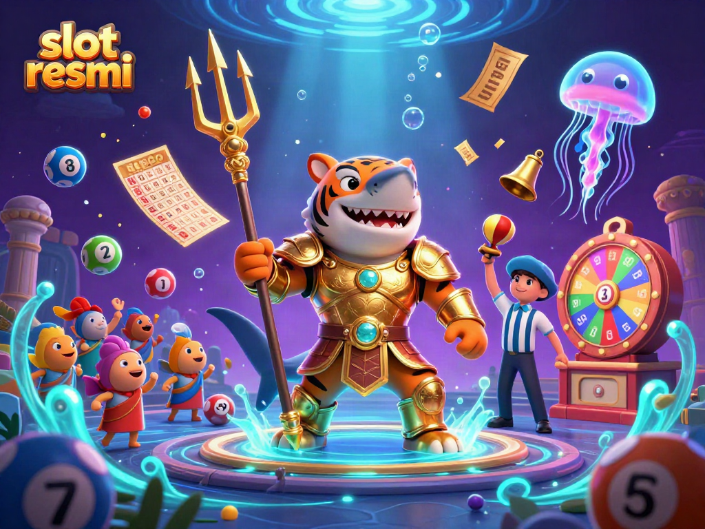 Win big at slot resmi with this vibrant 3D illustration of a shark in gladiator armor!