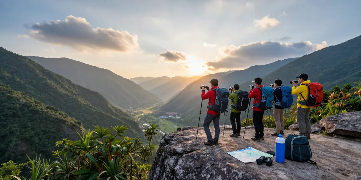 Kelompok petualang terjun4d menikmati keindahan lembah di pagi hari dengan peralatan outdoor.