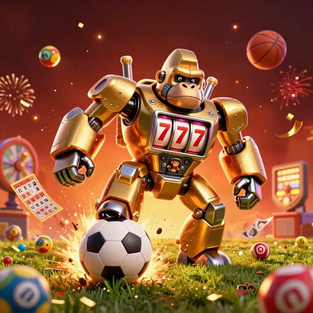 Golden gorilla mech blasting a soccer ball through turf amid casino lights and flying prize props