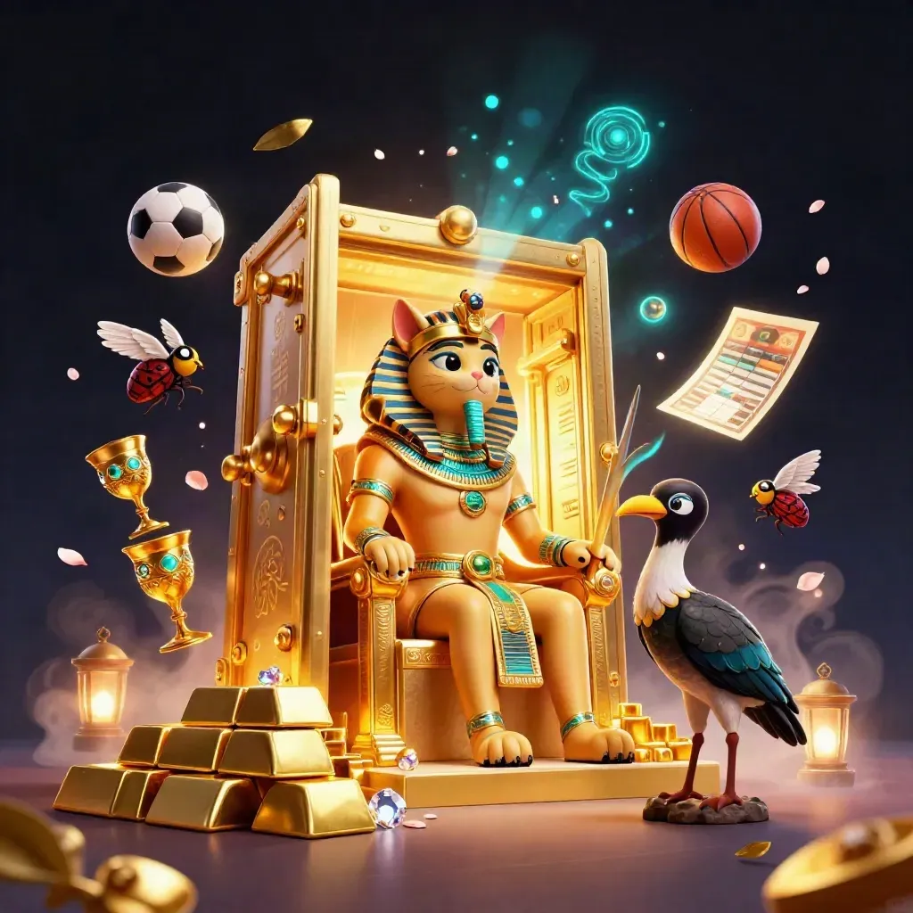 Pharaoh cat, ibis scribe, and gem-winged scarabs before a blazing treasure vault.