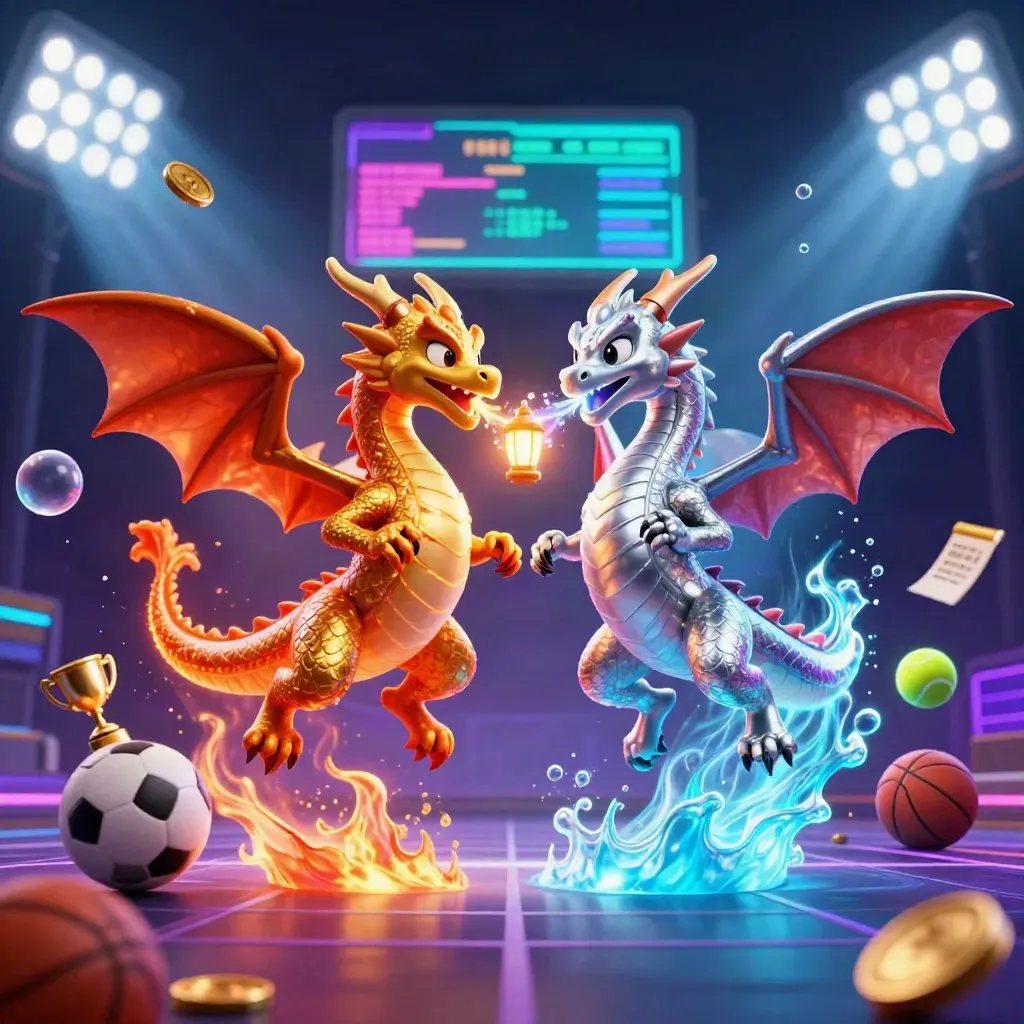 Gold and silver dragons in yin-yang flight amid casino sports lights, balls, coins, and glowing beams.