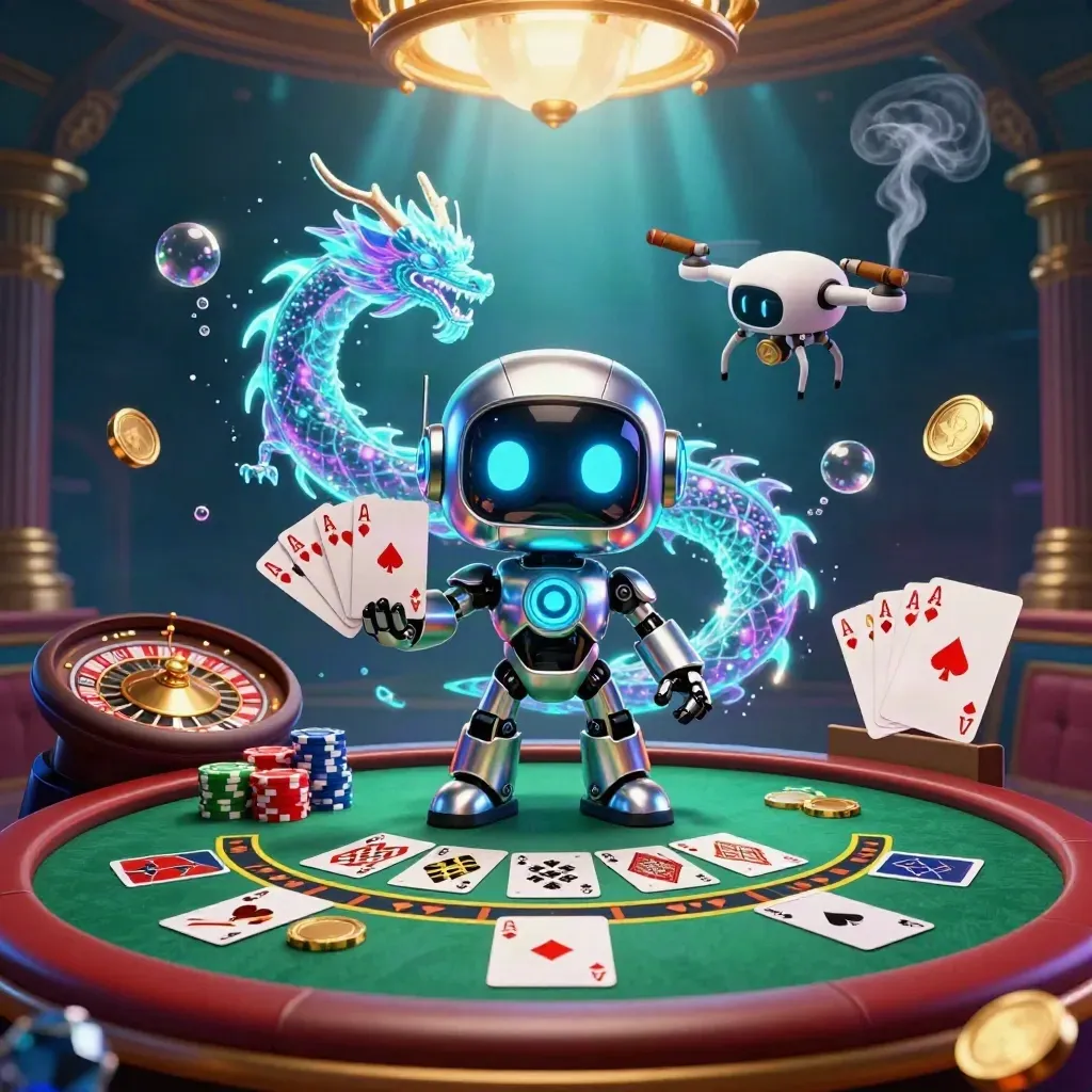 Cyberpunk robot, holographic dragon, and coin drone over a glowing casino table with chips and cards.