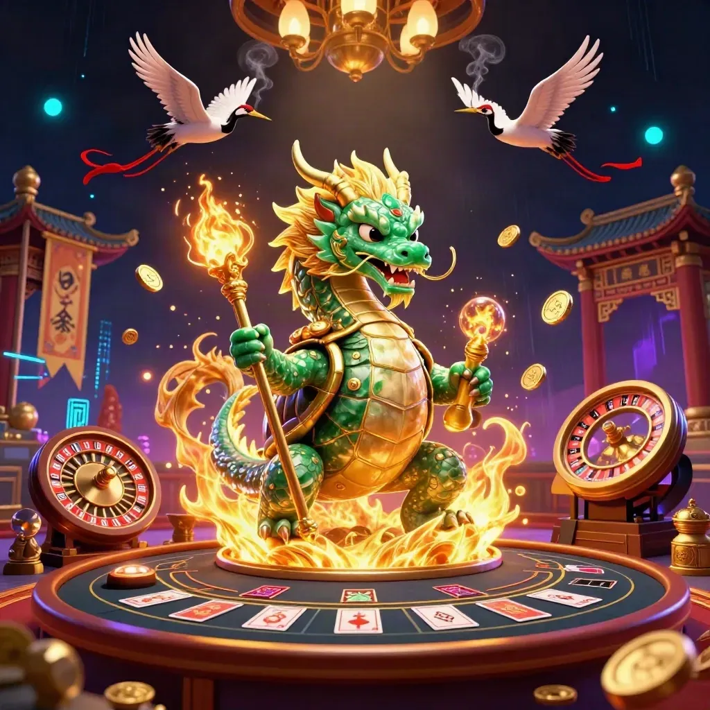 Emerald dragon, turtle sage, and cranes in a neon casino-temple scene with gold fire.