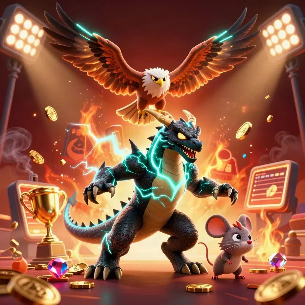 Thunder dragon, wind hawk, and static mouse amid coins, gems, trophy glow, and neon lightning.