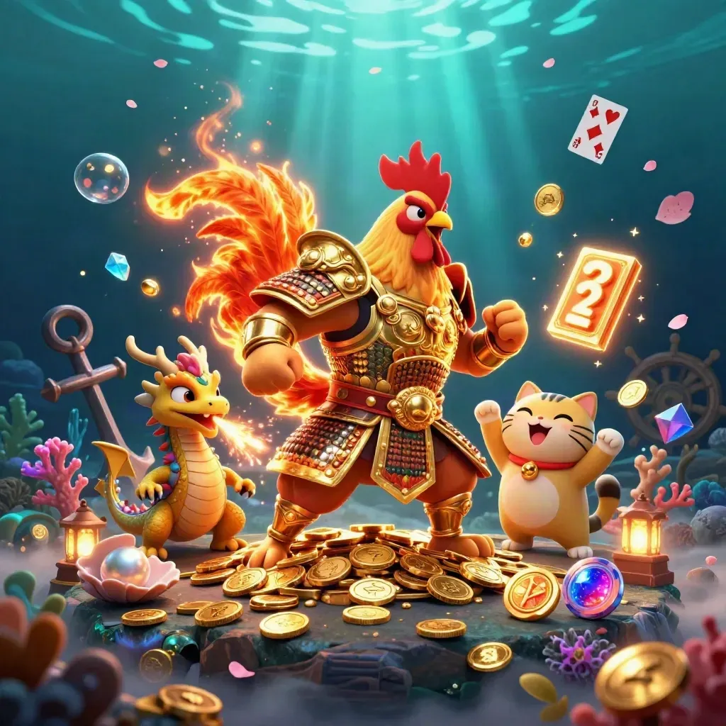 Rooster warrior, spark-breathing hatchling, and lucky cat amid treasure coins underwater