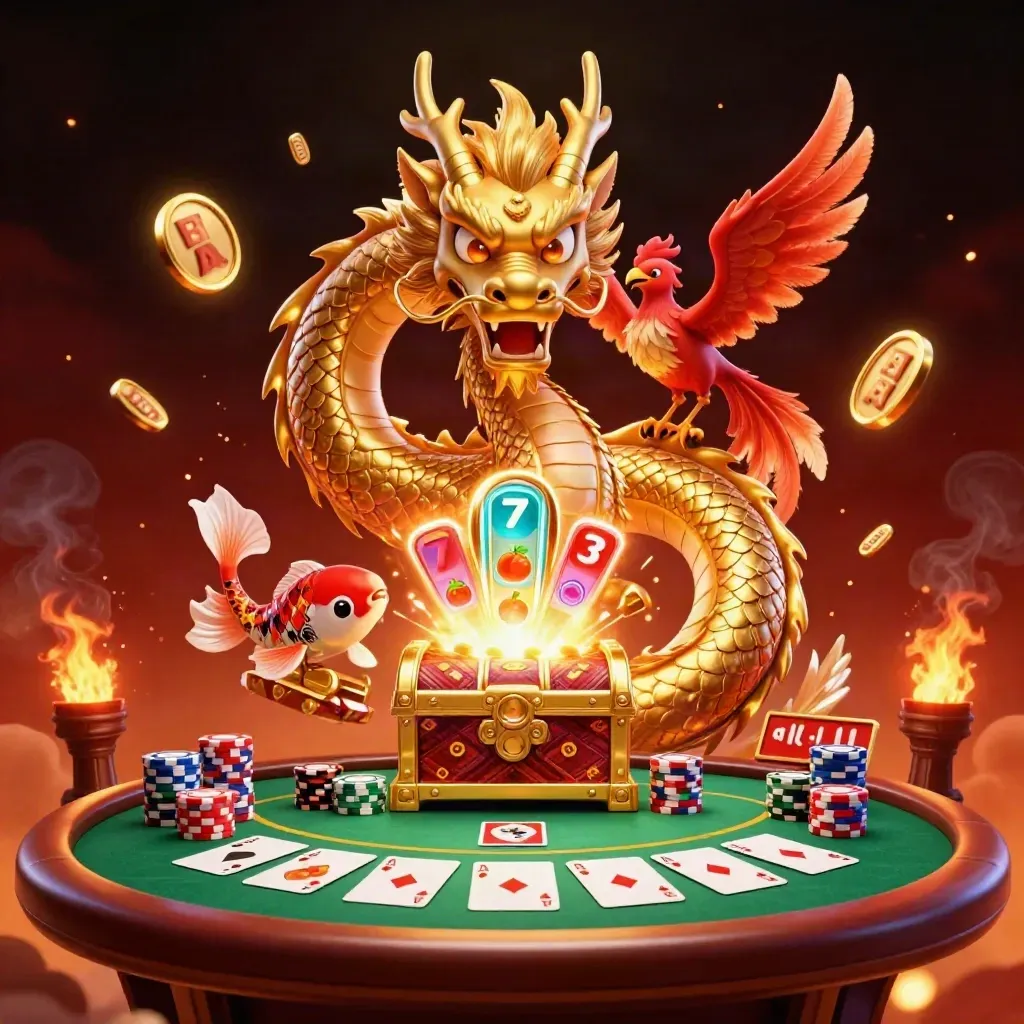 Golden dragon, phoenix, koi and casino table bursting with chips, cards and ember light.