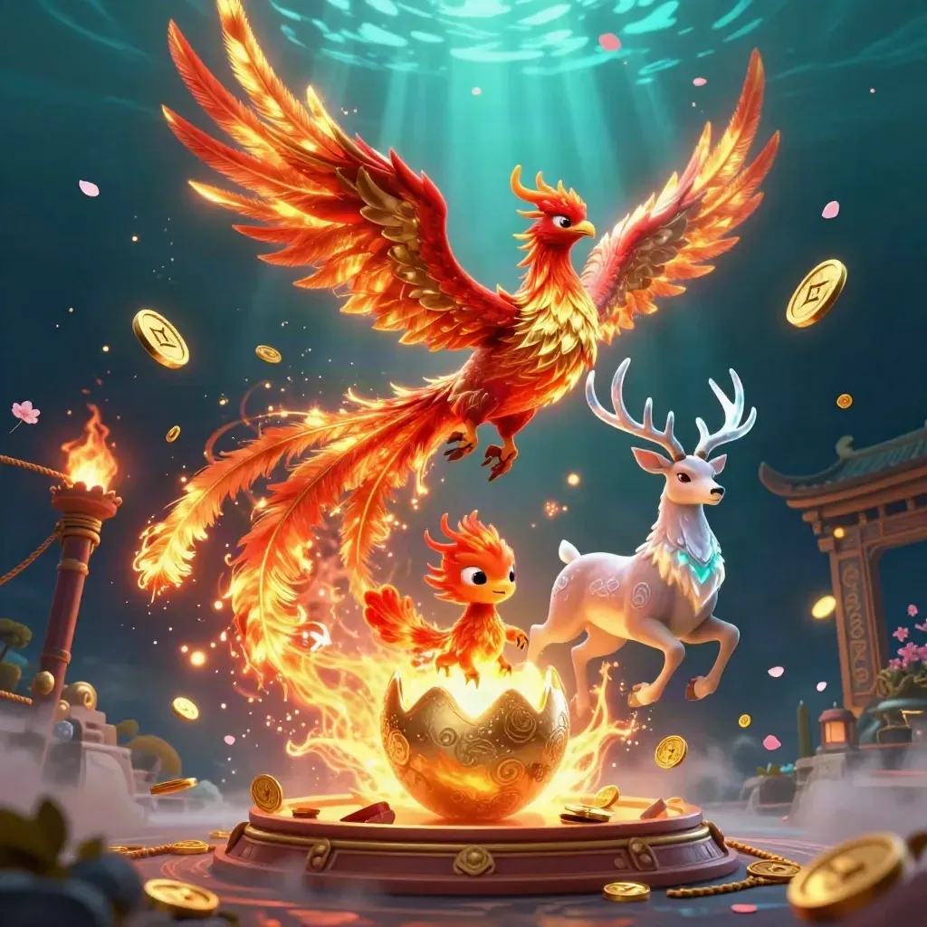 Phoenix, hatchling, and crystal stag amid coins, temple gate, petals, and teal glow.