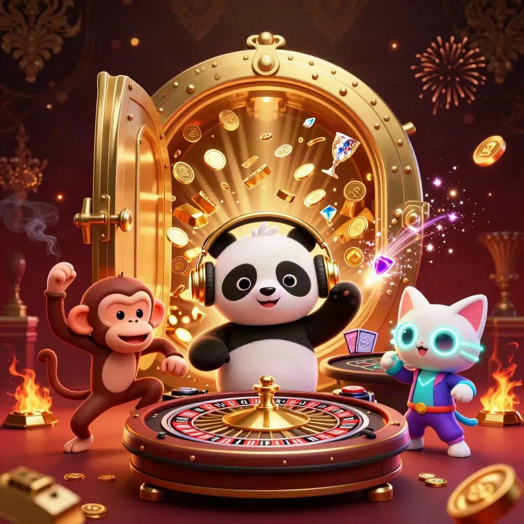 Panda DJ, monkey, and glow-kitten amid vault coins, gold bars, fireworks, and casino luxe lighting.