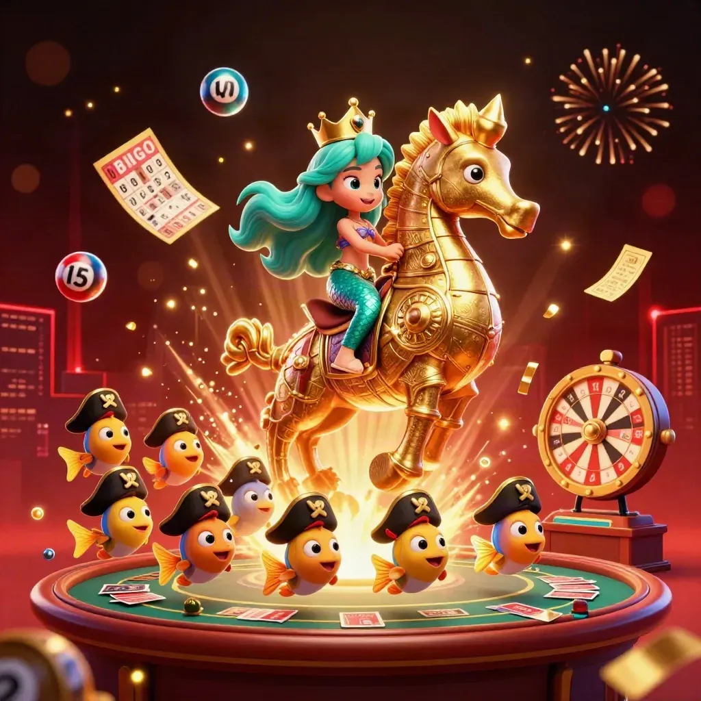 Mermaid princess on golden seahorse, pirate fish, casino prizes, cards, roulette, fireworks, dark luxe background