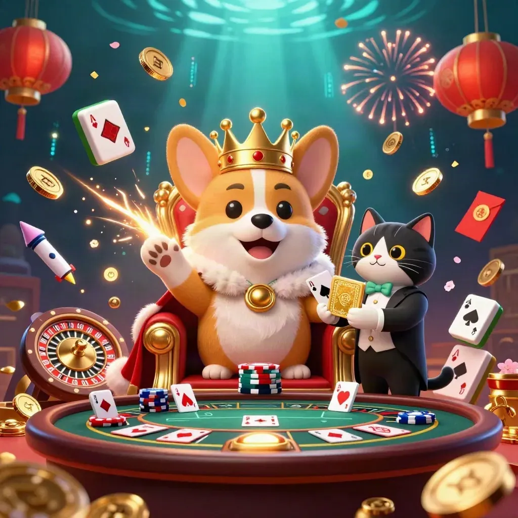 Royal corgi and cat butler amid exploding casino riches, lanterns, coins, and neon energy.