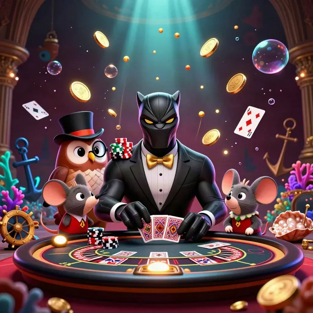 Panther, owl, and mouse amid coins, treasure, roulette, cards, and glowing underwater casino glam