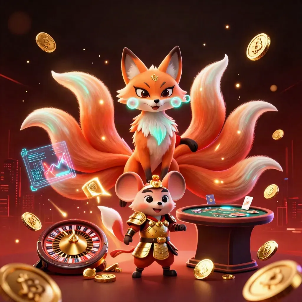 Fox spirit and samurai mouse amid casino treasures, coins, roulette, cards, and neon effects.