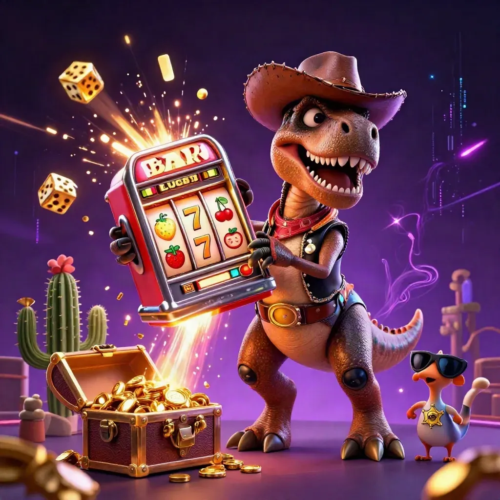 Cowboy T-Rex, cactus sidekick, and sheriff roadrunner erupt from a glowing slot machine