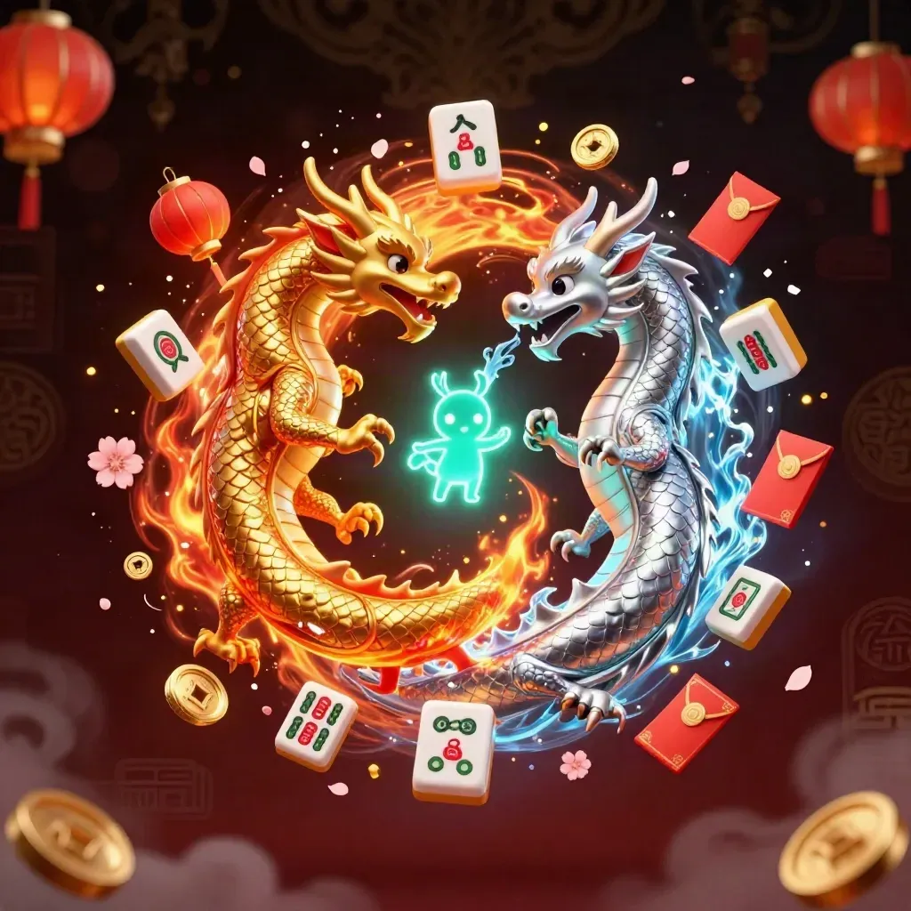 Gold and silver dragons spiral around a teal lantern spirit with casino symbols in a dark luxe burst