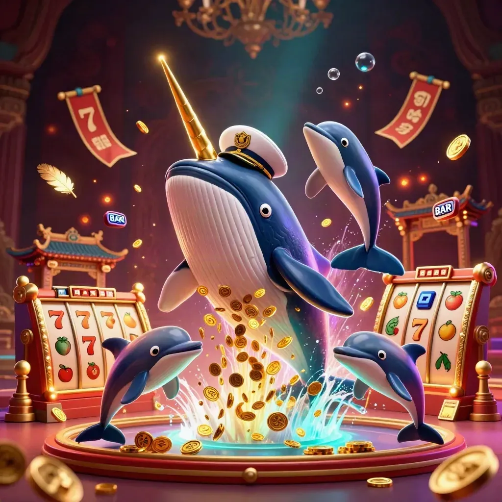 Captain whale, narwhal and dolphins burst through gold coins in a luxe casino fantasy.