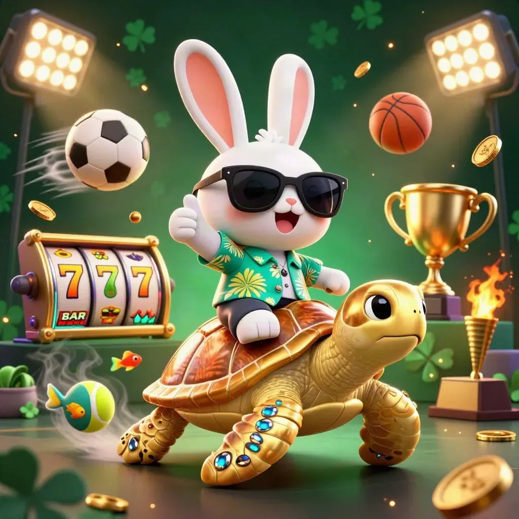 Rabbit in shades on jeweled sea turtle with balls, coins, lights and casino effects