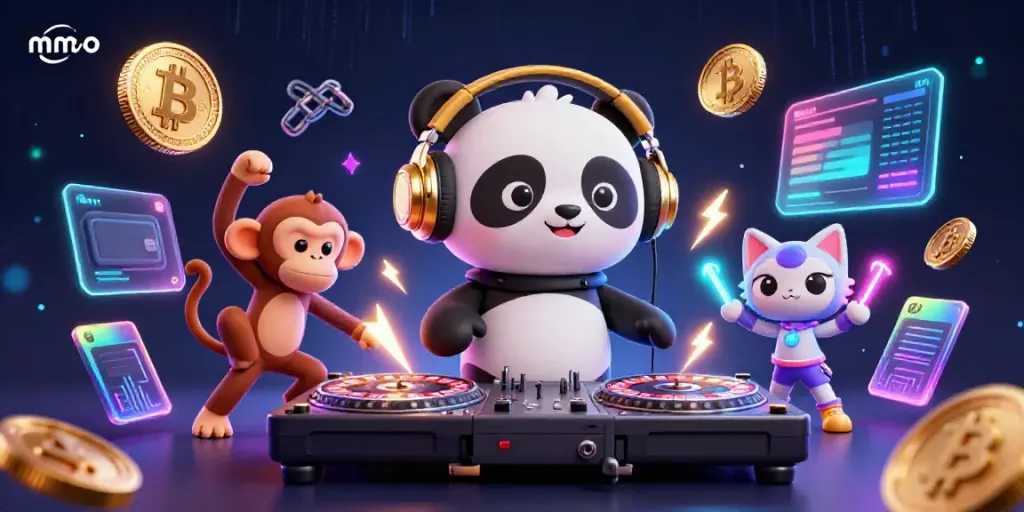 Spin and win with mmoo in a vibrant 3D casino scene, showcasing lively characters and cryptocurrency elements.