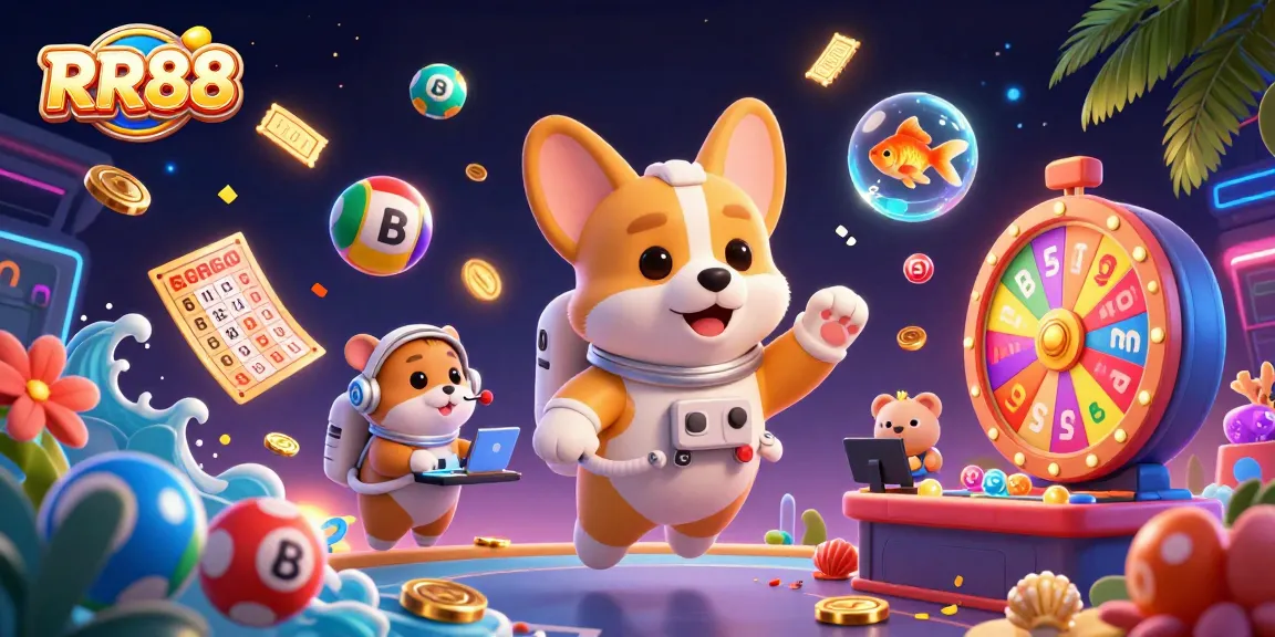 Experience the thrilling RR88 journey with a playful astronaut corgi in a vibrant casino scene.