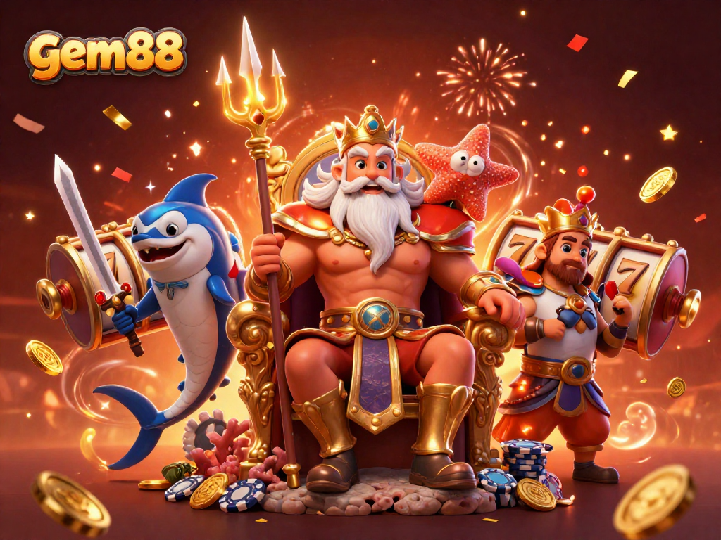 Spin the reels for gem88 jackpots amidst Neptune and a samurai bodyguard in a celebratory casino scene.