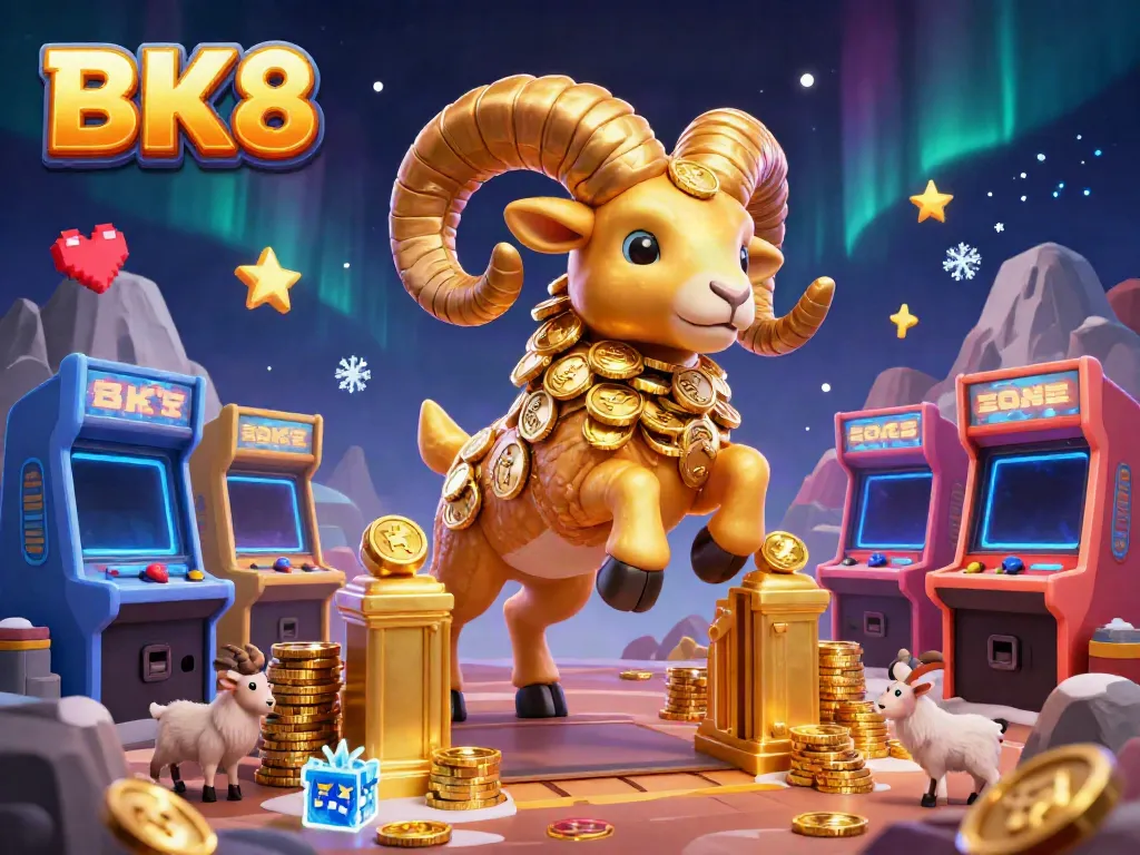 Experience the thrill of BK8 with a golden ram charging through a vibrant casino atmosphere filled with gaming elements.