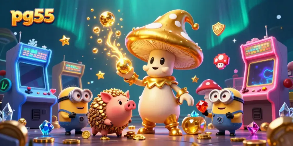 Experience pg55 magic with vibrant casino-themed adventures, featuring golden characters and treasures.