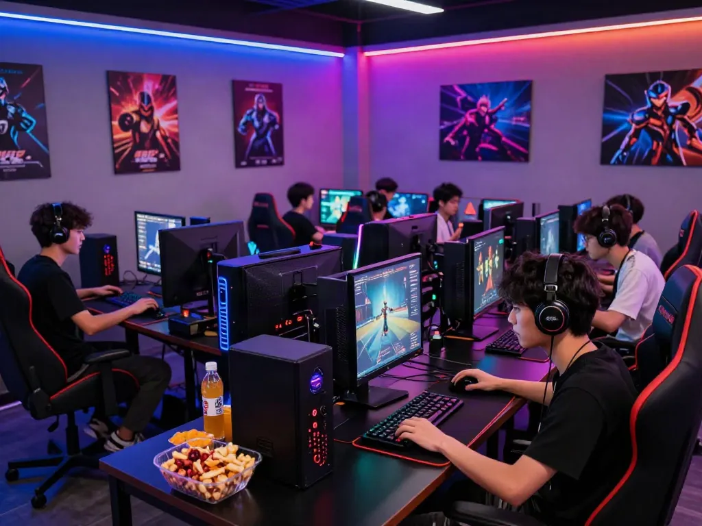 Gaming enthusiasts competing in a vibrant a80 gaming lounge with LED lighting.
