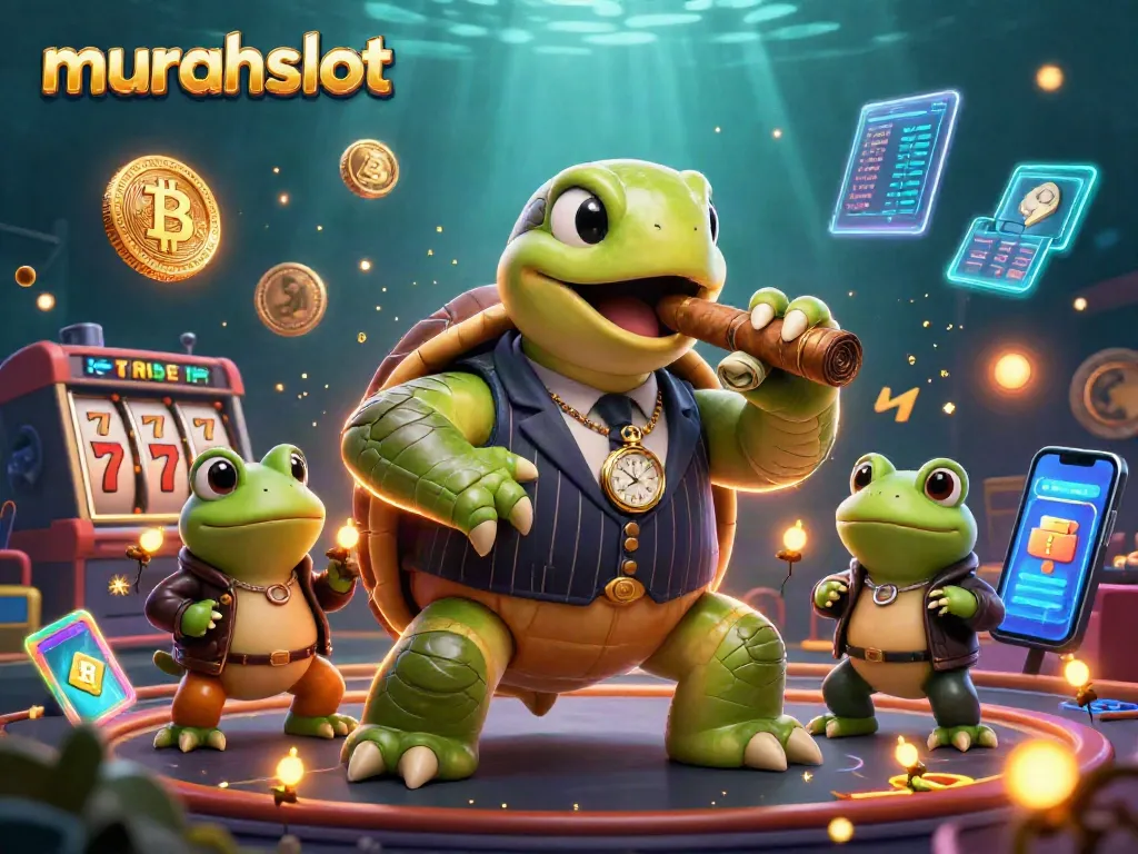 Bermain slot murah dengan karakter ikan penyu dan penjaga kaki katak dalam suasana kasino yang megah.