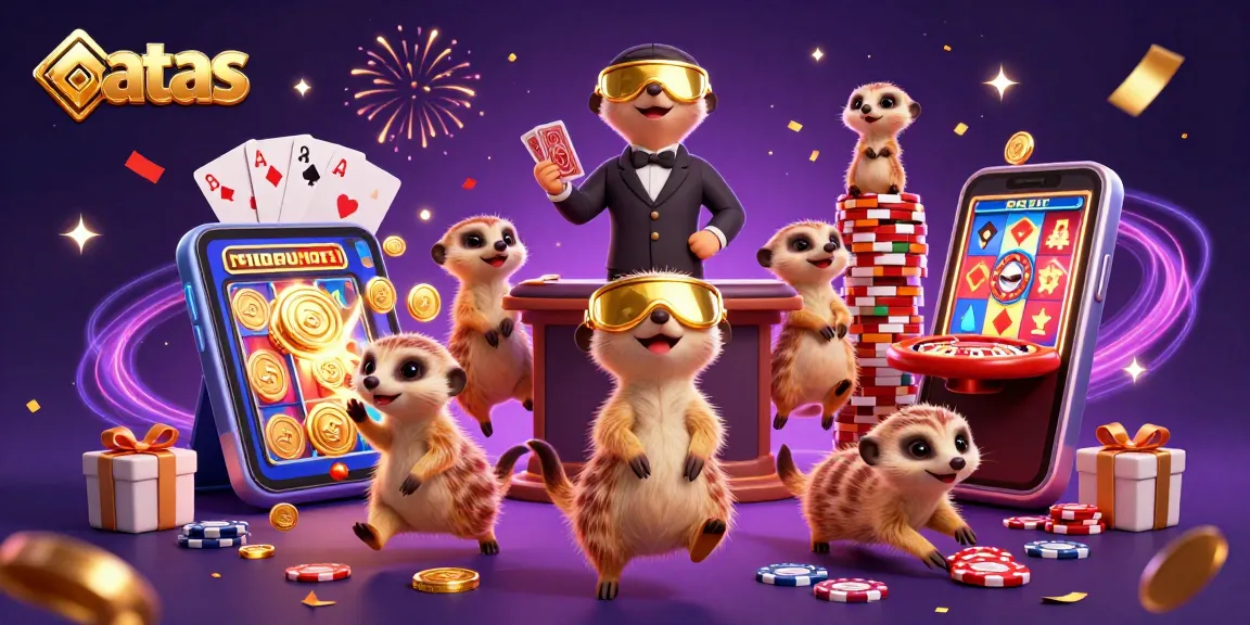 Experience gaming excitement at atas casino with playful meerkats managing a vibrant casino scene.