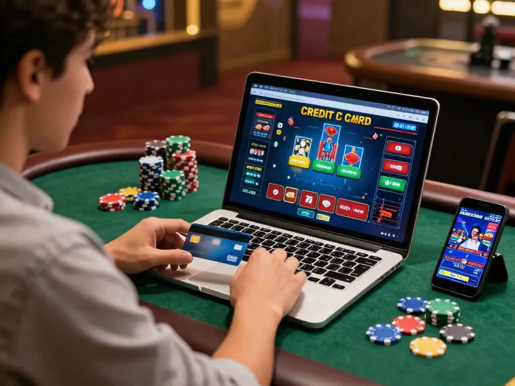 Engaging scene of a player at an amex casino, focused on online gaming with ambiance.
