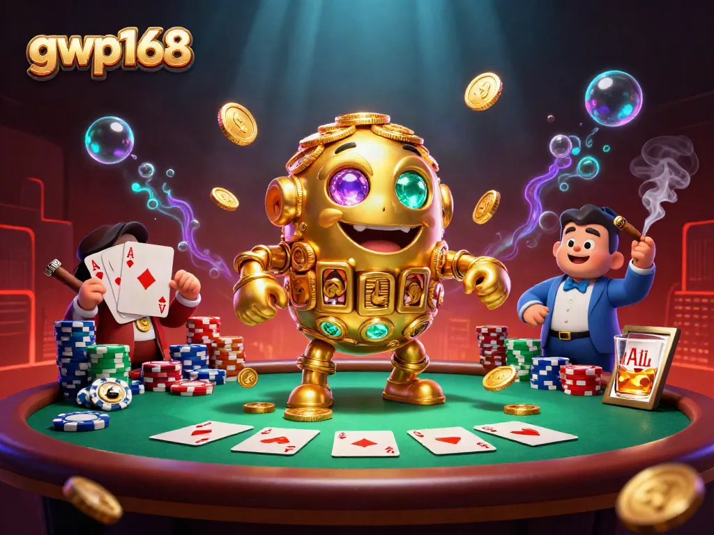 Menghadirkan gwp168, karakter golem emas yang bergerak di kasino sambil menyebarkan chip poker dan kartu yang menarik.