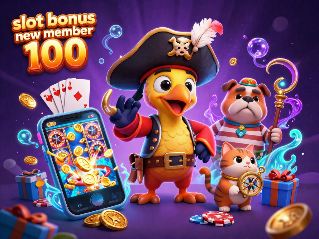 Join the fun with slot bonus new member 100 in a vibrant casino scene featuring pirate characters.