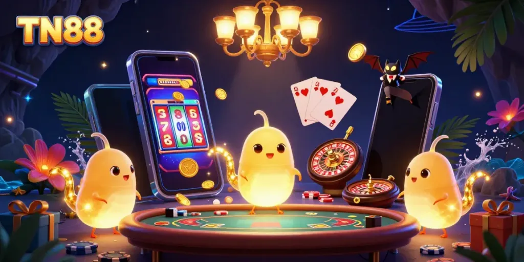 Experience vibrant gameplay at TN88 with glowworms lighting a casino, showcasing slots and excitement.