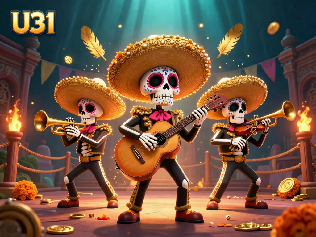Join the vibrant U31 casino scene with mariachi skeletons surrounded by golden gambling elements.