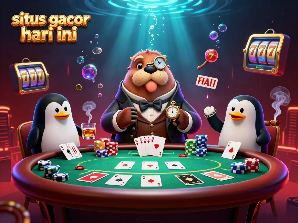 Menang besar dengan situs gacor hari ini, walrus dan dealer penguin di meja poker yang megah.