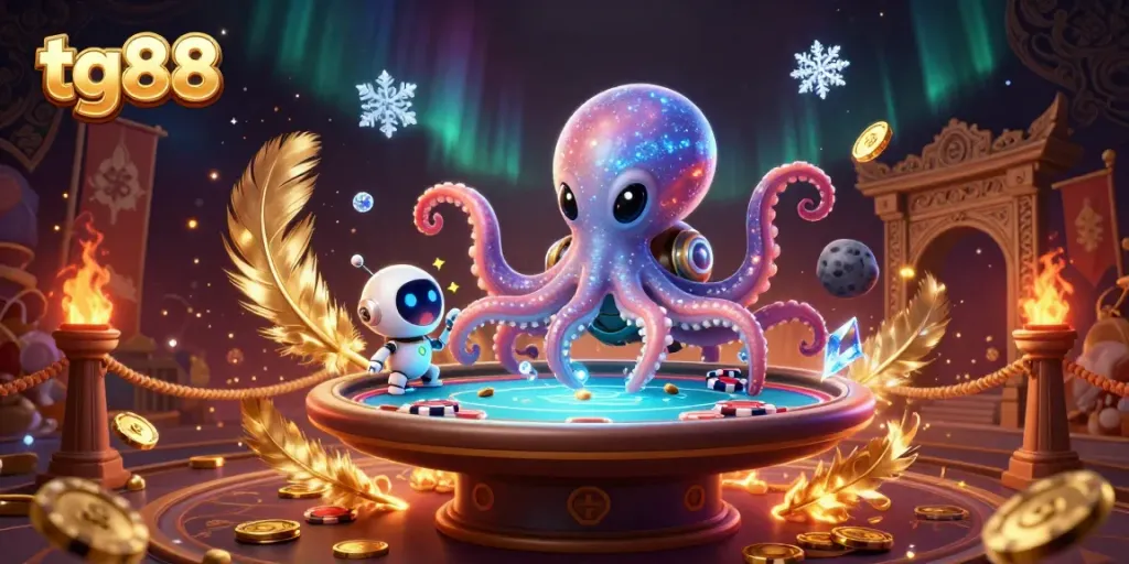Engage with tg88's dynamic poker scene featuring an alien octopus and exciting game elements.