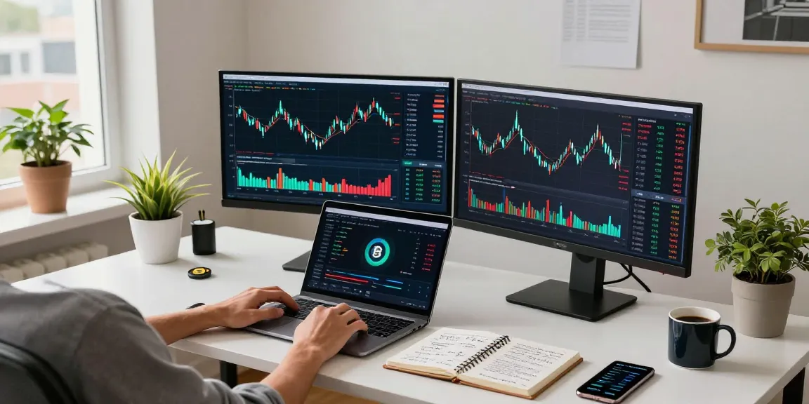 Play exchange in a professional cryptocurrency trading setup with multiple monitors displaying Bitcoin charts and DeFi wallets.