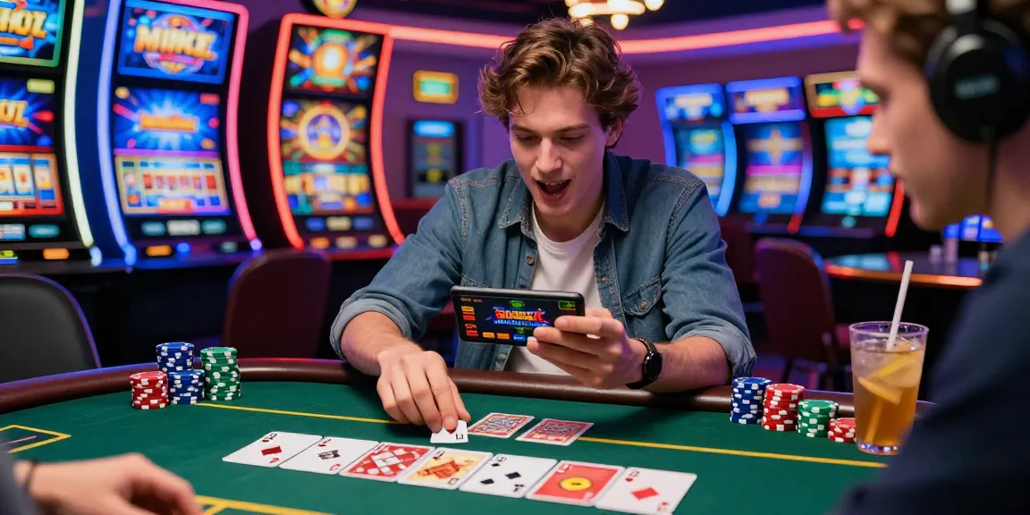 Exciting casino app gaming scene with a player enjoying Teen Patti and vibrant gaming elements.