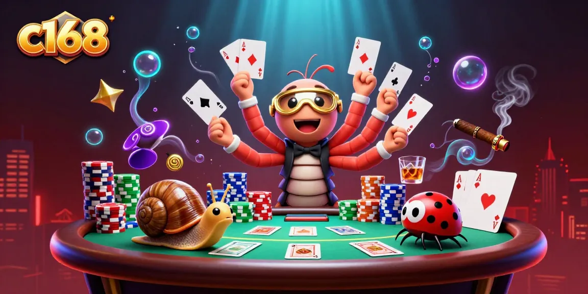 Experience the excitement of c168 as a cartoon dealer showcases cards amidst vibrant casino elements.