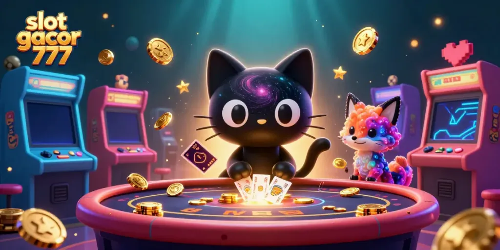 Engaging scene showcasing slot gacor 777 with cartoon characters at a cosmic casino table, attracting golden chips and cards.