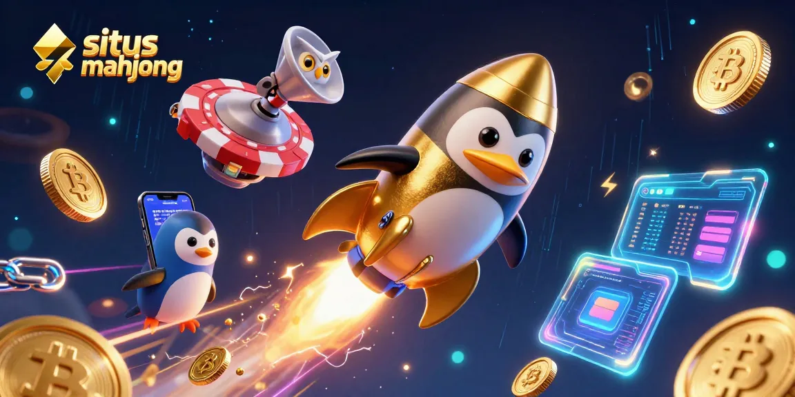 Experience the thrill of situs mahjong with a magical penguin and crypto elements in this vibrant casino scene.