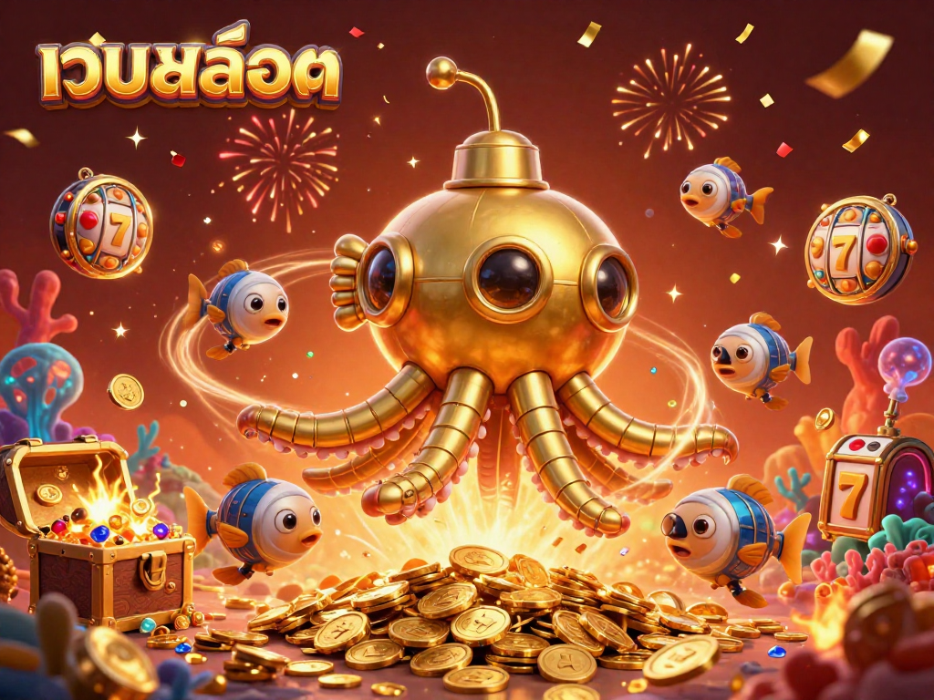 Engage with เว็บสล็อต in a dynamic underwater adventure featuring gold coins and slot reels.