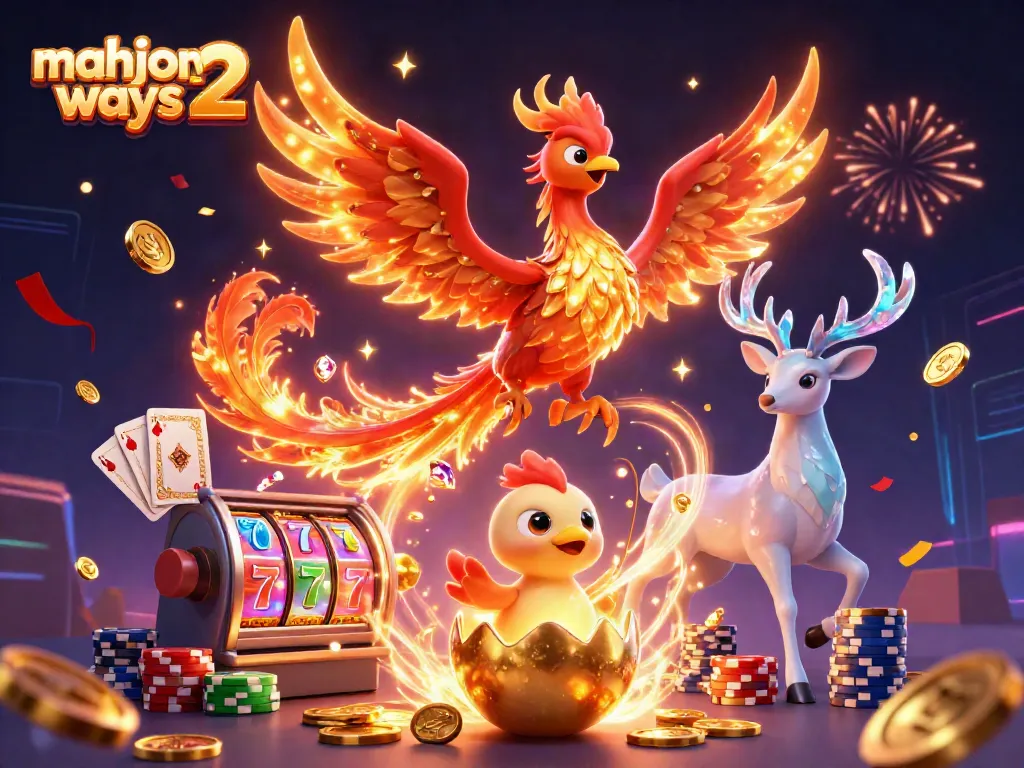 Experience thrilling gameplay in Mahjong Ways 2 with dynamic slot reels, golden phoenix, and vibrant confetti.