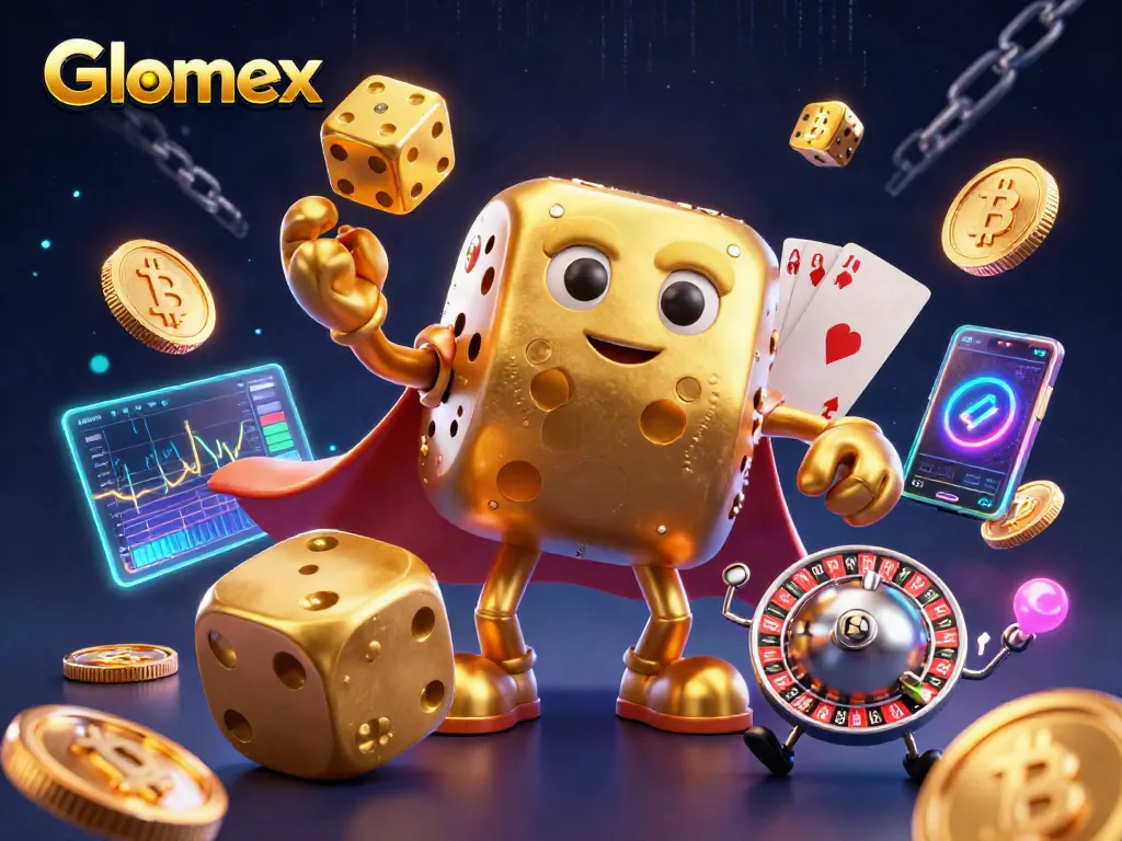 Glomex presents a captivating casino scene with golden dice golems and cryptocurrencies in action.