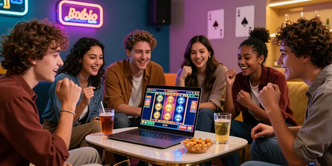 Friends playing slot online games on a laptop surrounded by snacks and drinks in a cozy atmosphere.