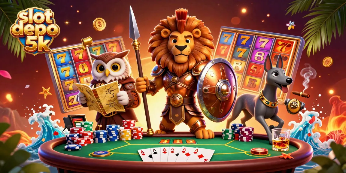 Experience thrilling slot depo 5k action with a Spartan lion, owl strategist, and greyhound messenger in a vibrant casino scene.
