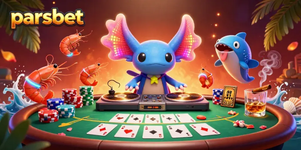 Parsbet ile birlikte dans eden karakterler ve poker masası, oyunculara hareketli bir casino atmosferi sunuyor.