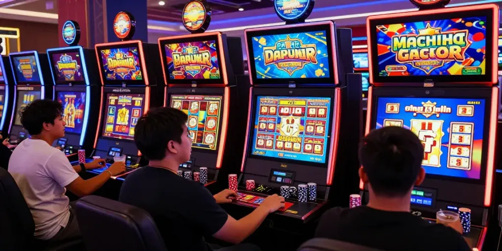 Exciting players enjoying slot online gacor games in a lively casino environment.