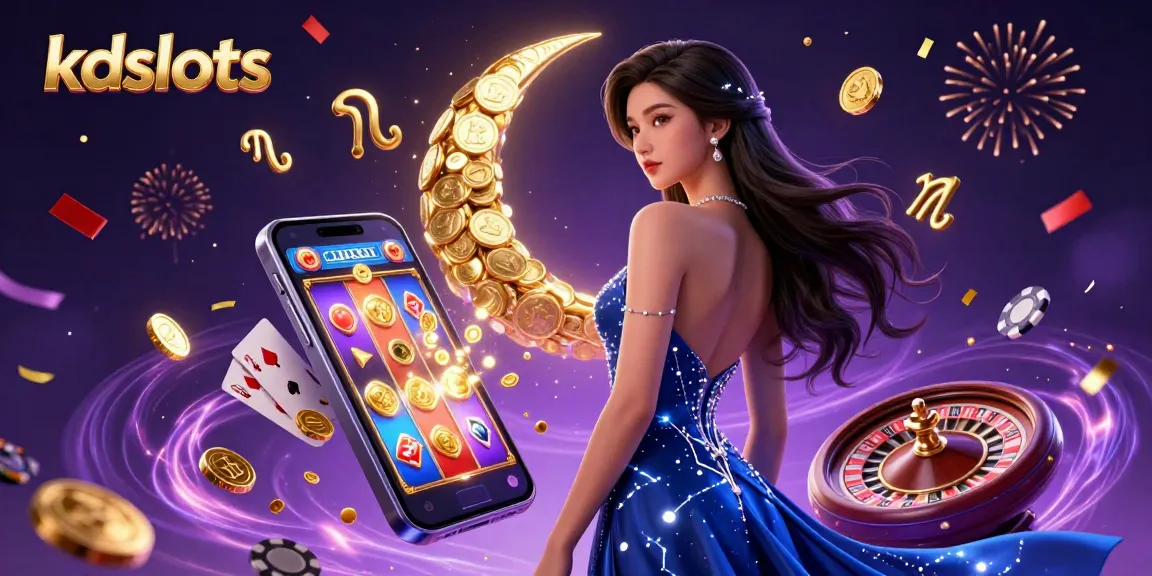 Win big with kdslots in this vibrant digital casino scene, showcasing exciting slot games and golden coins.