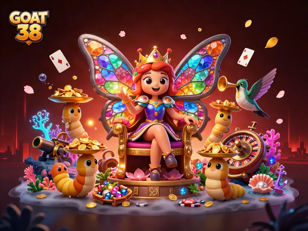 Experience GOAT 38 casino excitement with a vibrant illustration of games, royal figures, and treasures.